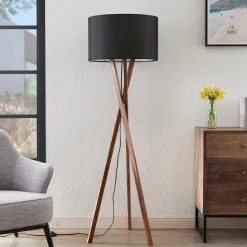 Lucande vloerlamp Auriane, driepoot, zwart, stof, 160 cm