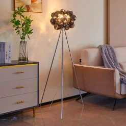 Lucande vloerlamp Diborah, rookgrijs, glas, 150 cm, G9