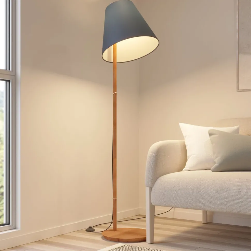 Lucande vloerlamp Jinda, blauw, hout, stof, 160 cm, E27