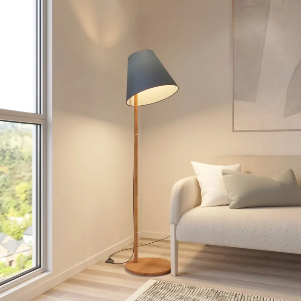 Lucande vloerlamp Jinda, blauw, hout, stof, 160 cm, E27