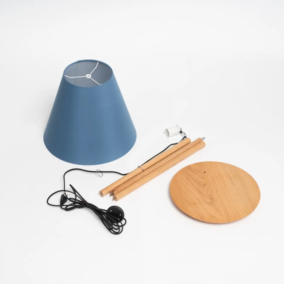 Lucande vloerlamp Jinda, blauw, hout, stof, 160 cm, E27