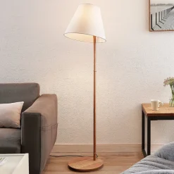 Lucande vloerlamp Jinda, wit, hout, stof, 160 cm, E27