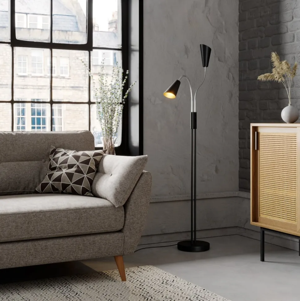 Lucande vloerlamp Medira, zwart, 2-lamps, verstelbaar, GU10