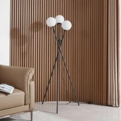 Lucande vloerlamp Visata, zwart, glas, 3-lamps, driepoot