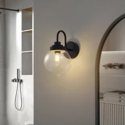 Lucande wandlamp Badolo, zwart, glas, 25 cm hoog, IP44