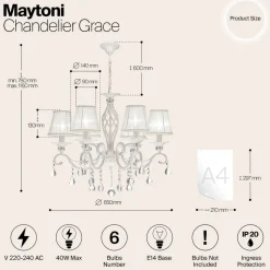 Maytoni Grace kroonluchter, wit, 6-lamps, organza, E14