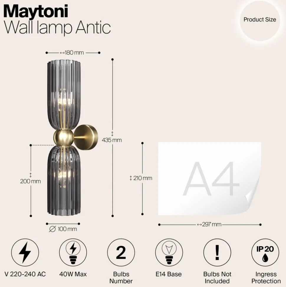 Maytoni wandlamp Antic, 2-lamps, goud/grijs, glas