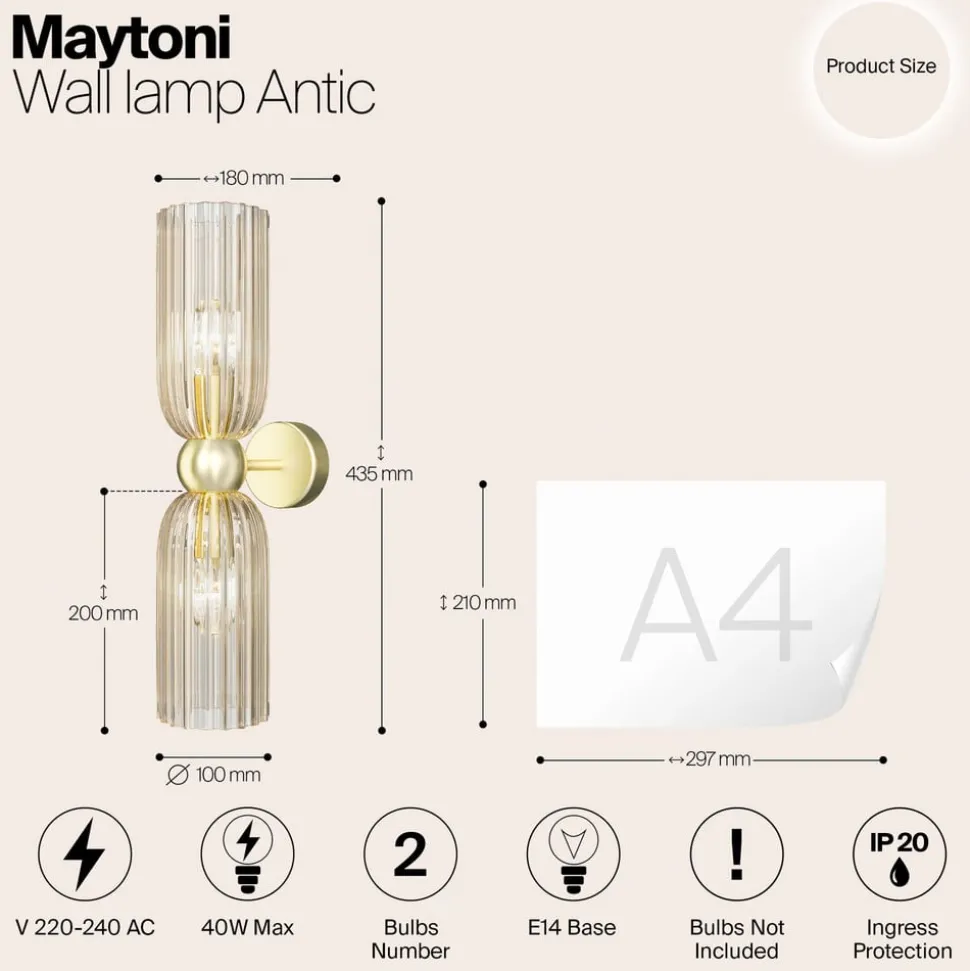 Maytoni wandlamp Antic, 2-lamps, goud/amber, glas