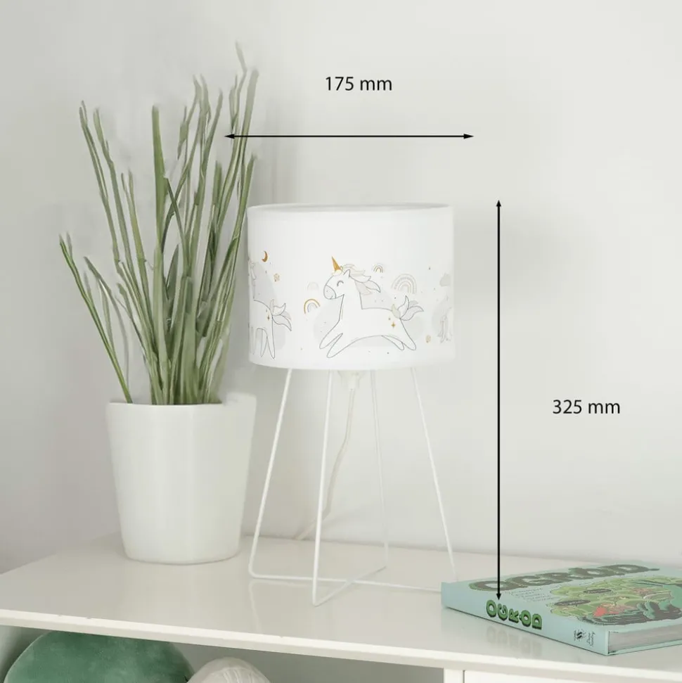 Mila tafellamp, stof, eenhoorns, E14, hoogte 32,5 cm