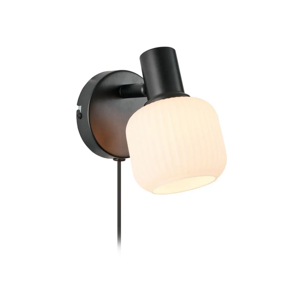 Milford Mini wandlamp, zwart, geribbeld glas, met stekker