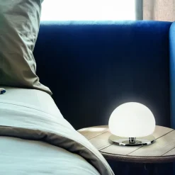 Morgana tafellamp, verchroomd / wit, touchdimmer, 3.000 K