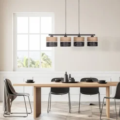 Nicol hanglamp, zwart/hout-effect, 94x20 cm 4-lamps 4 x E27