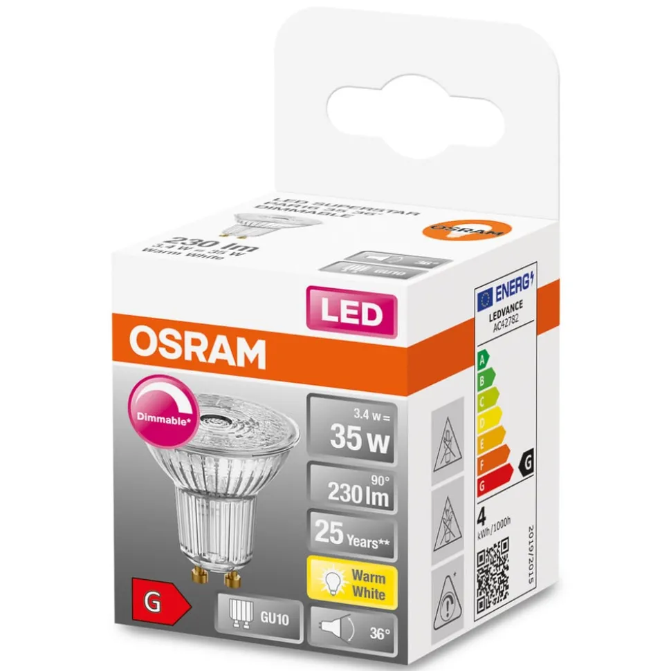 OSRAM LED glas-reflector GU10 3,4W 927 36° dimbaar