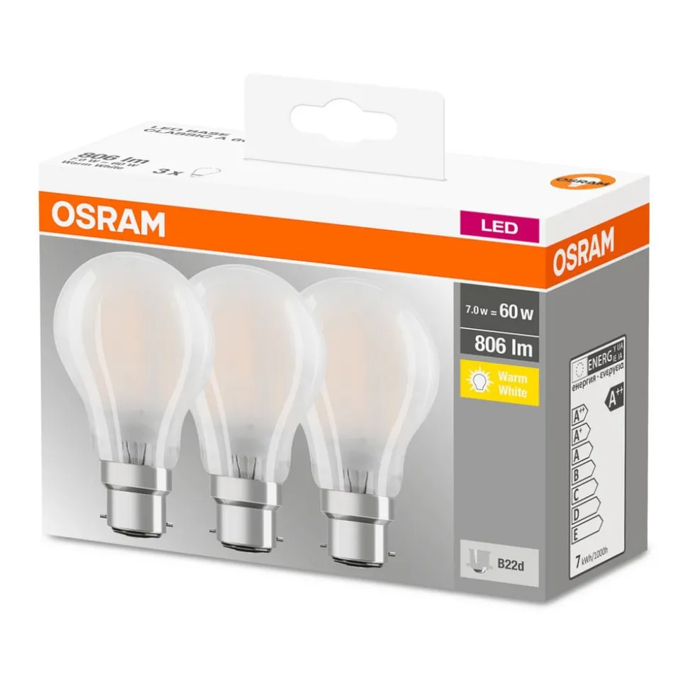 OSRAM LED lamp B22d Classic 827 6,5W 3/pak mat