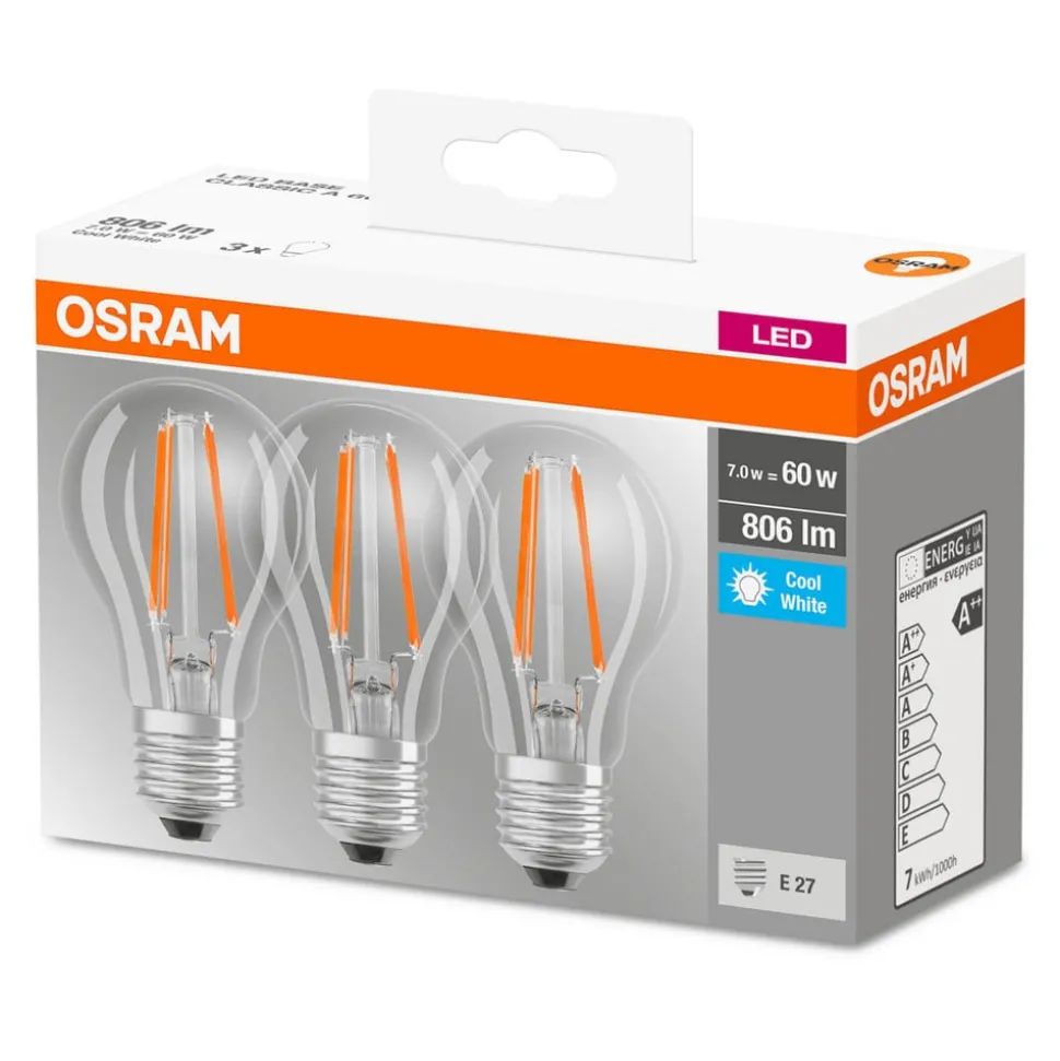 OSRAM LED lamp E27 Classic filament 840 per 3