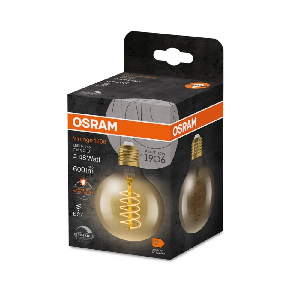 OSRAM LED Vintage 1906, G80, E27, 7 W, goud, 2.200 K, dimbaar.