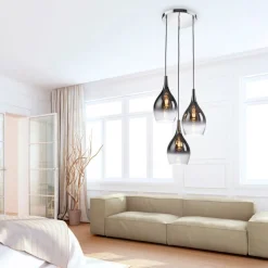 Paul Neuhaus hanglamp Pilua, rookgrijs, glas, 30cm, 3-lamps.