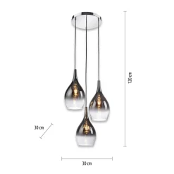 Paul Neuhaus hanglamp Pilua, rookgrijs, glas, 30cm, 3-lamps.