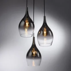 Paul Neuhaus hanglamp Pilua, rookgrijs, glas, 30cm, 3-lamps.