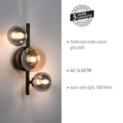 Paul Neuhaus Popsicle wandlamp, zwart, glas, 29 cm, G9