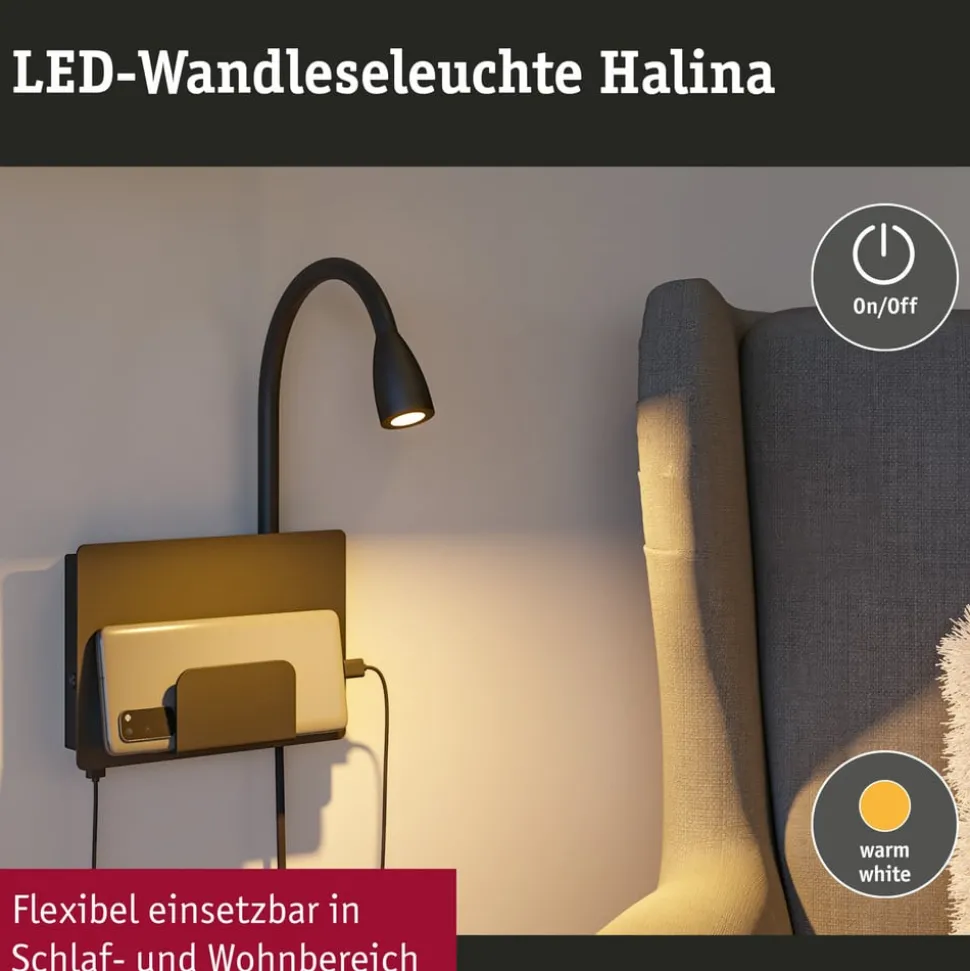 Paulmann Halina USB LED wandlamp, flexibele arm zwart