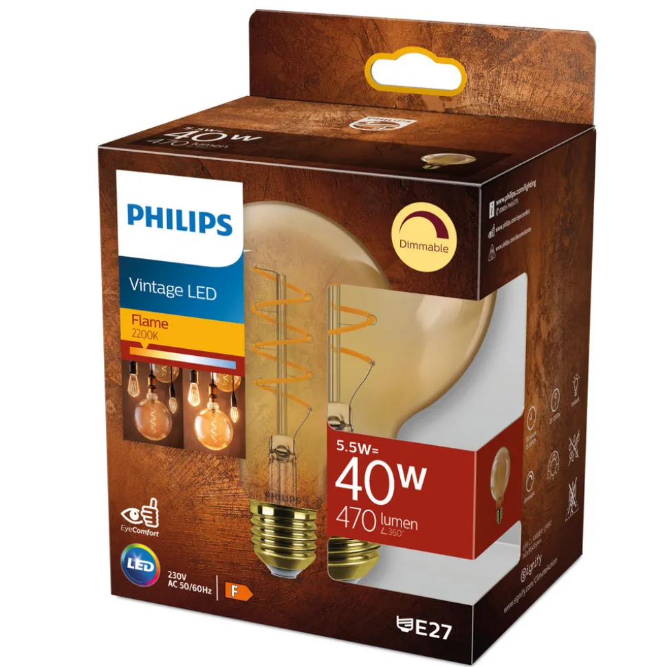 Philips E27 LED bol G95 5,5W dimbaar 2.200K goud