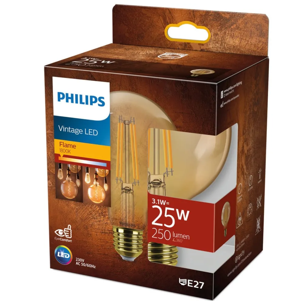 Philips E27 LED lamp bol G95 3,1W 1.800K goud