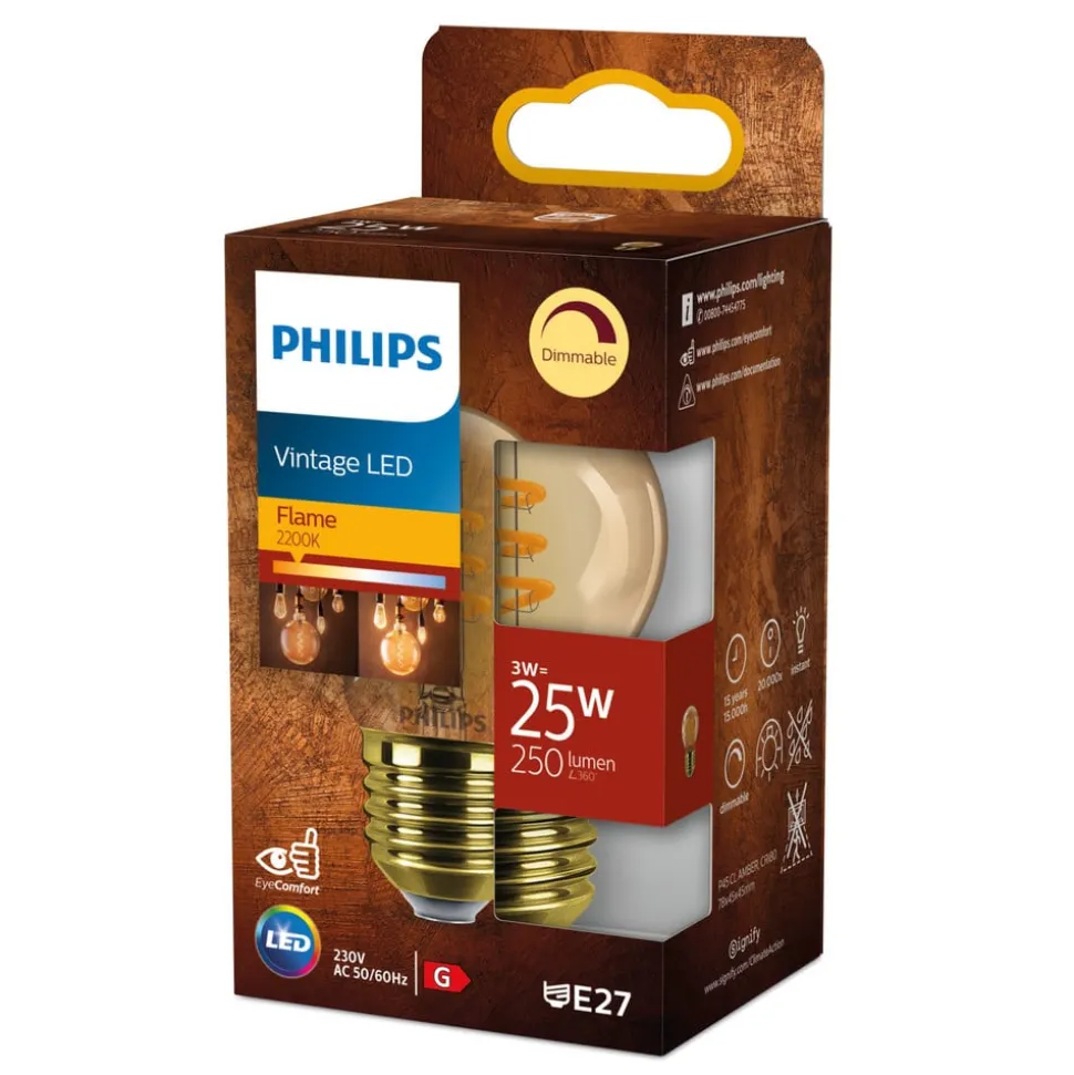 Philips E27 LED lamp G45 3W dimbaar 2.200K goud