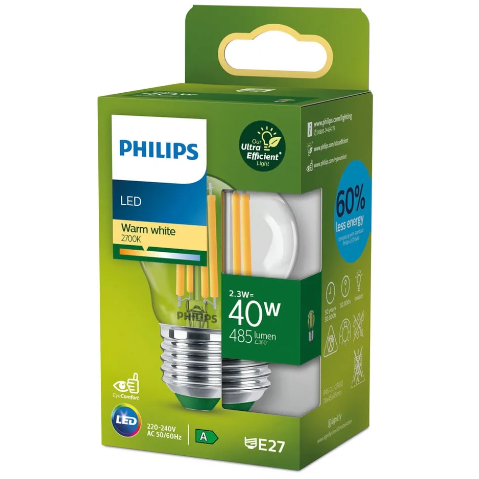 Philips E27 LED lamp G45 2,3W 485lm 2.700K helder