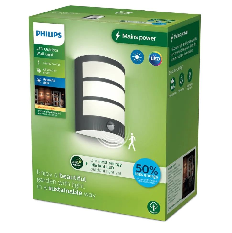 Philips LED buiten wandlamp Python UE, antraciet, sensor