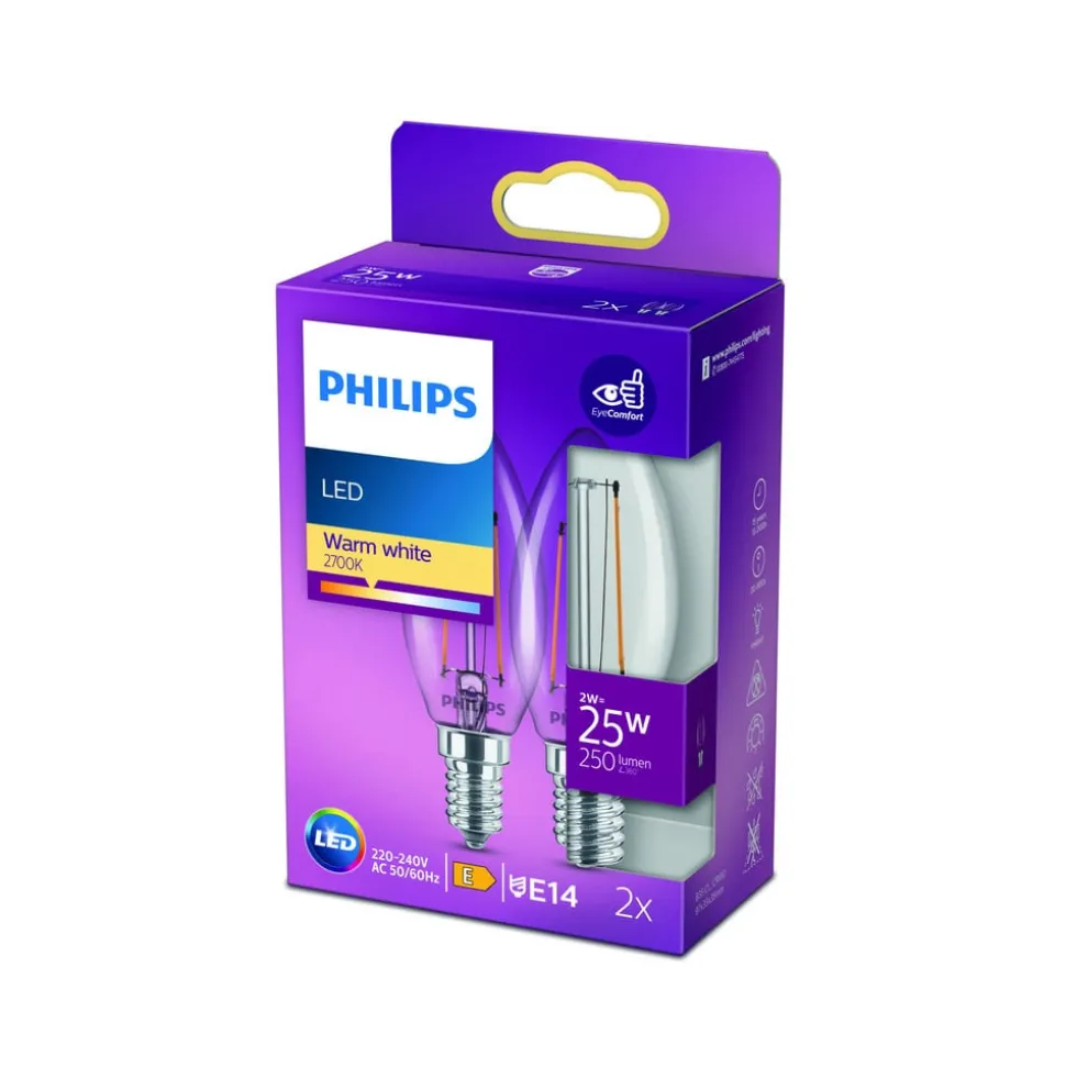 Philips LED kaars filament E14 2W 2.700K 2 per pak