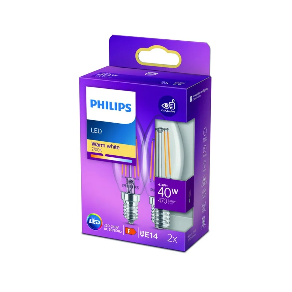 Philips LED kaars filament E14 4,3W 2.700K per 2