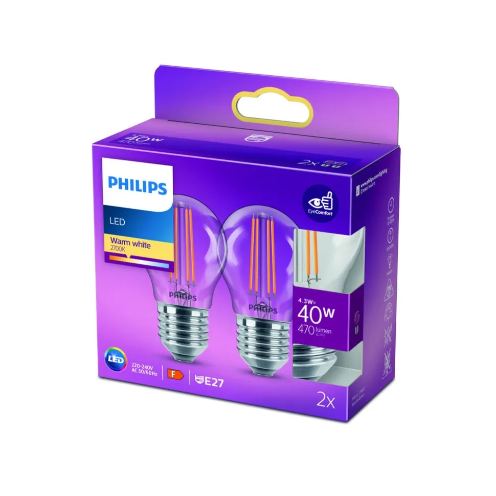 Philips LED lamp E27 P45 4,3W filament 2700K per 2