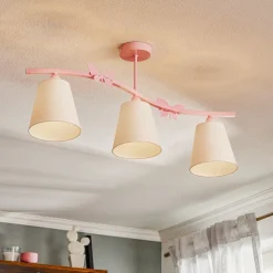 Plafondlamp Alice, roze, drie witte stoffen kappen