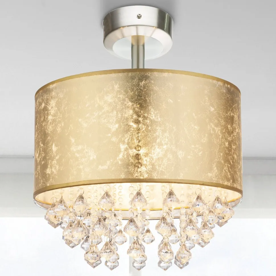 Plafondlamp Amy met acrylkristallen, bladgoud