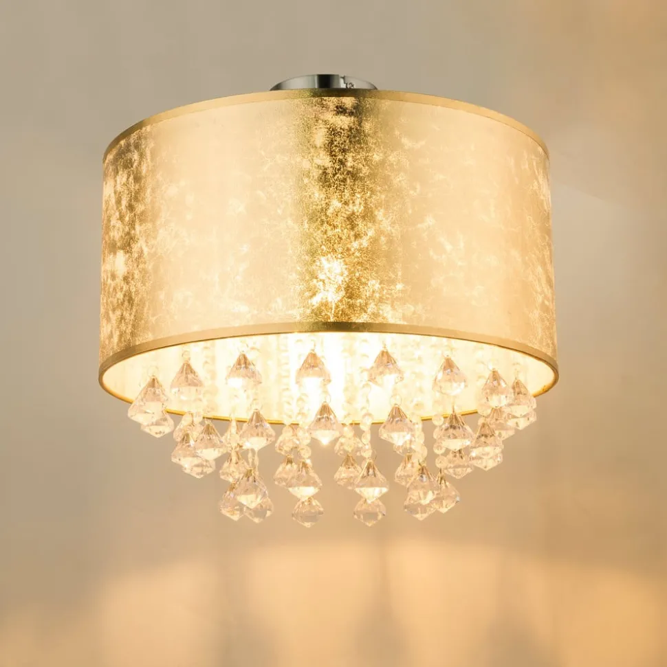 Plafondlamp Amy met acrylkristallen, bladgoud