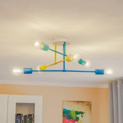 Plafondlamp Cambridge 6-lamps geel-turquoise-blauw