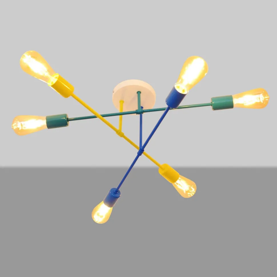 Plafondlamp Cambridge 6-lamps geel-turquoise-blauw