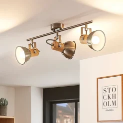 Plafondlamp Dennis met hout, 3-lamps, langwerpig