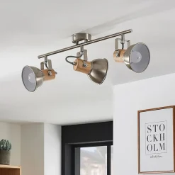 Plafondlamp Dennis met hout, 3-lamps, langwerpig