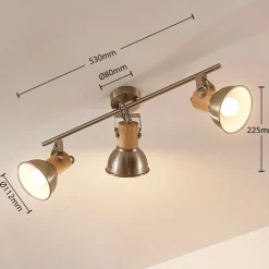 Plafondlamp Dennis met hout, 3-lamps, langwerpig