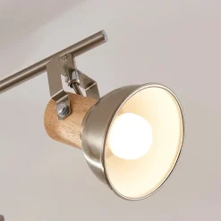 Plafondlamp Dennis met hout, 3-lamps, langwerpig