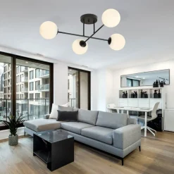 Plafondlamp Glassy, 4-lamps, gekruist, zwart/opaal