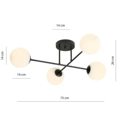 Plafondlamp Glassy, 4-lamps, gekruist, zwart/opaal