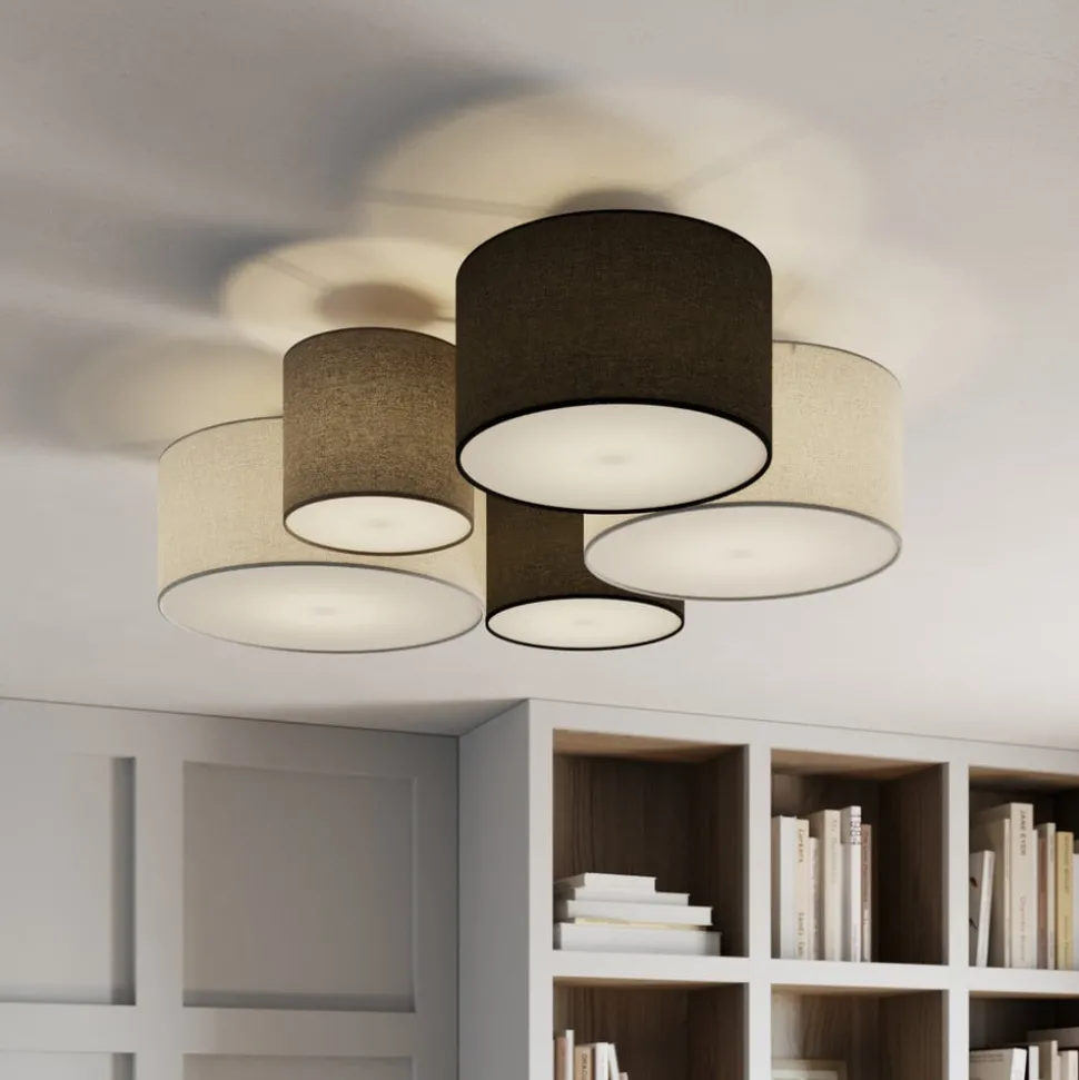 Plafondlamp Hotel met vijf textiel lampenkappen