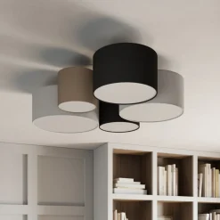 Plafondlamp Hotel met vijf textiel lampenkappen