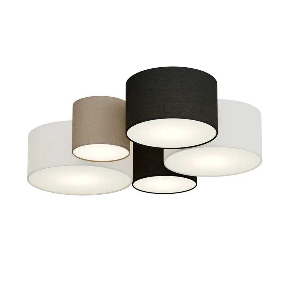 Plafondlamp Hotel met vijf textiel lampenkappen