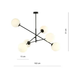Plafondlamp Lineair, zwart/opaal, 6-lamps