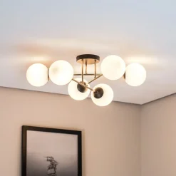 Plafondlamp Magnum, 6-lamps, opaalwit/goud/zwart, glas