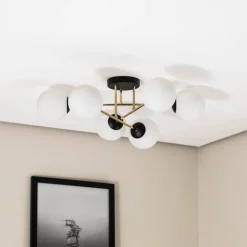 Plafondlamp Magnum, 6-lamps, opaalwit/goud/zwart, glas